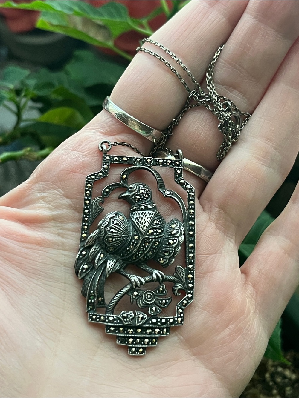 Antique Sterling Silver And Marcasite Bird Necklace
